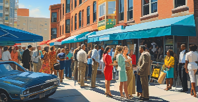 A lively urban scene with diverse individuals discussing real estate outside a modern residential building under a clear blue sky.