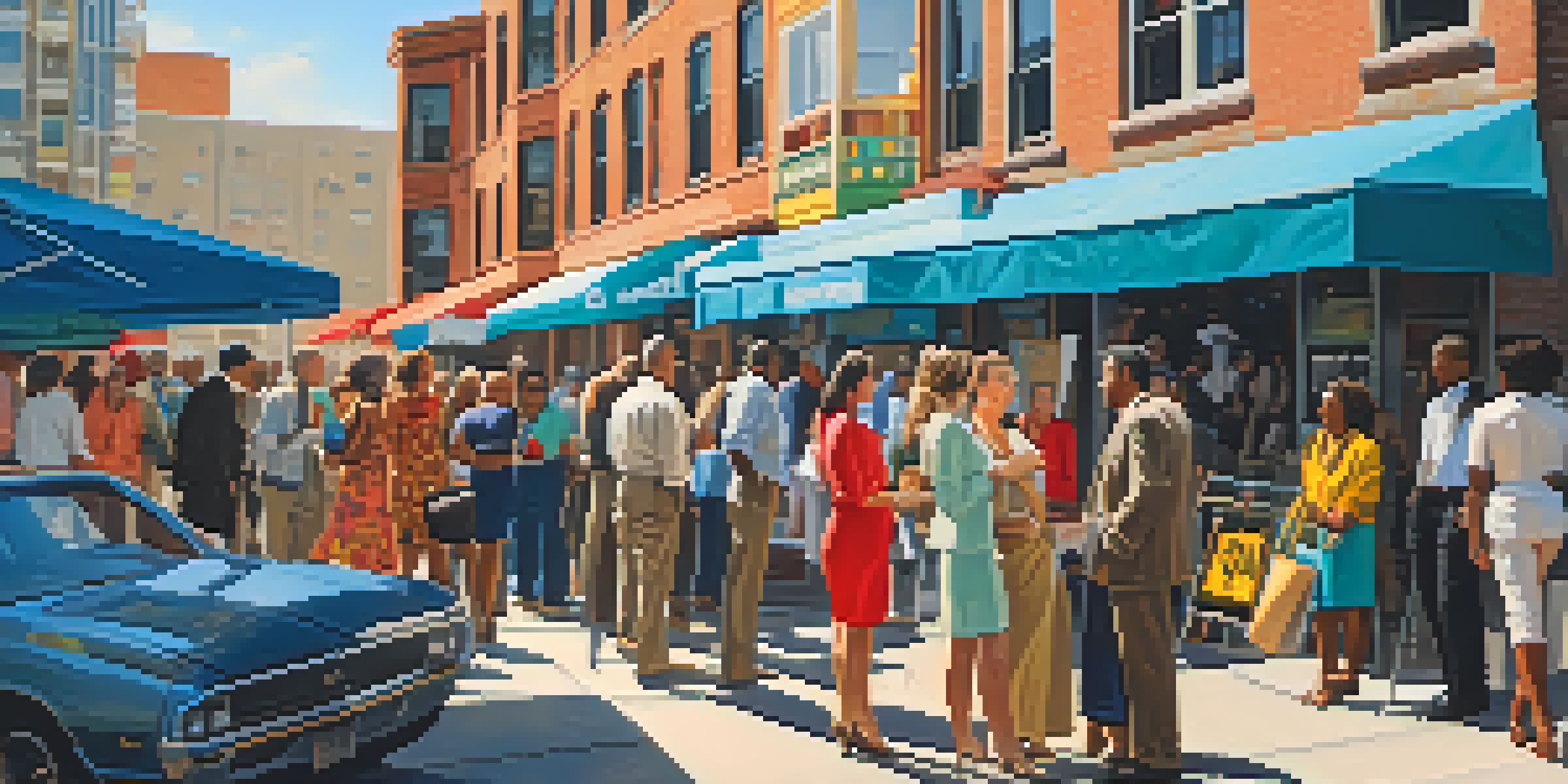 A lively urban scene with diverse individuals discussing real estate outside a modern residential building under a clear blue sky.