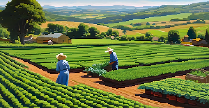 A peaceful agricultural scene with a farmer in a vegetable garden and rolling hills in the background.