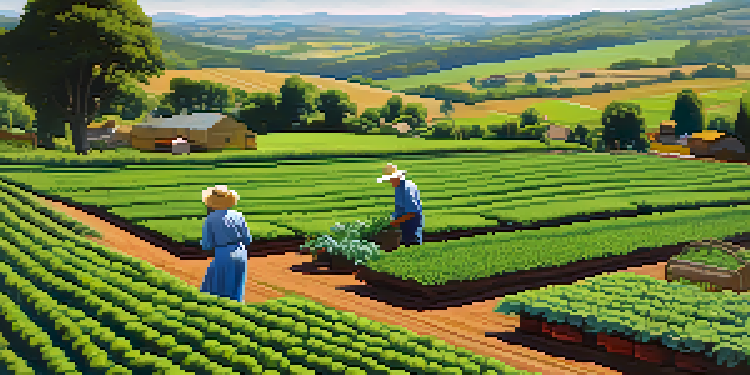 A peaceful agricultural scene with a farmer in a vegetable garden and rolling hills in the background.