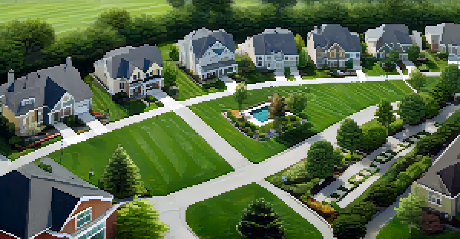 An aerial view of a suburban neighborhood featuring houses and gardens, with a virtual tour format highlighting the community.