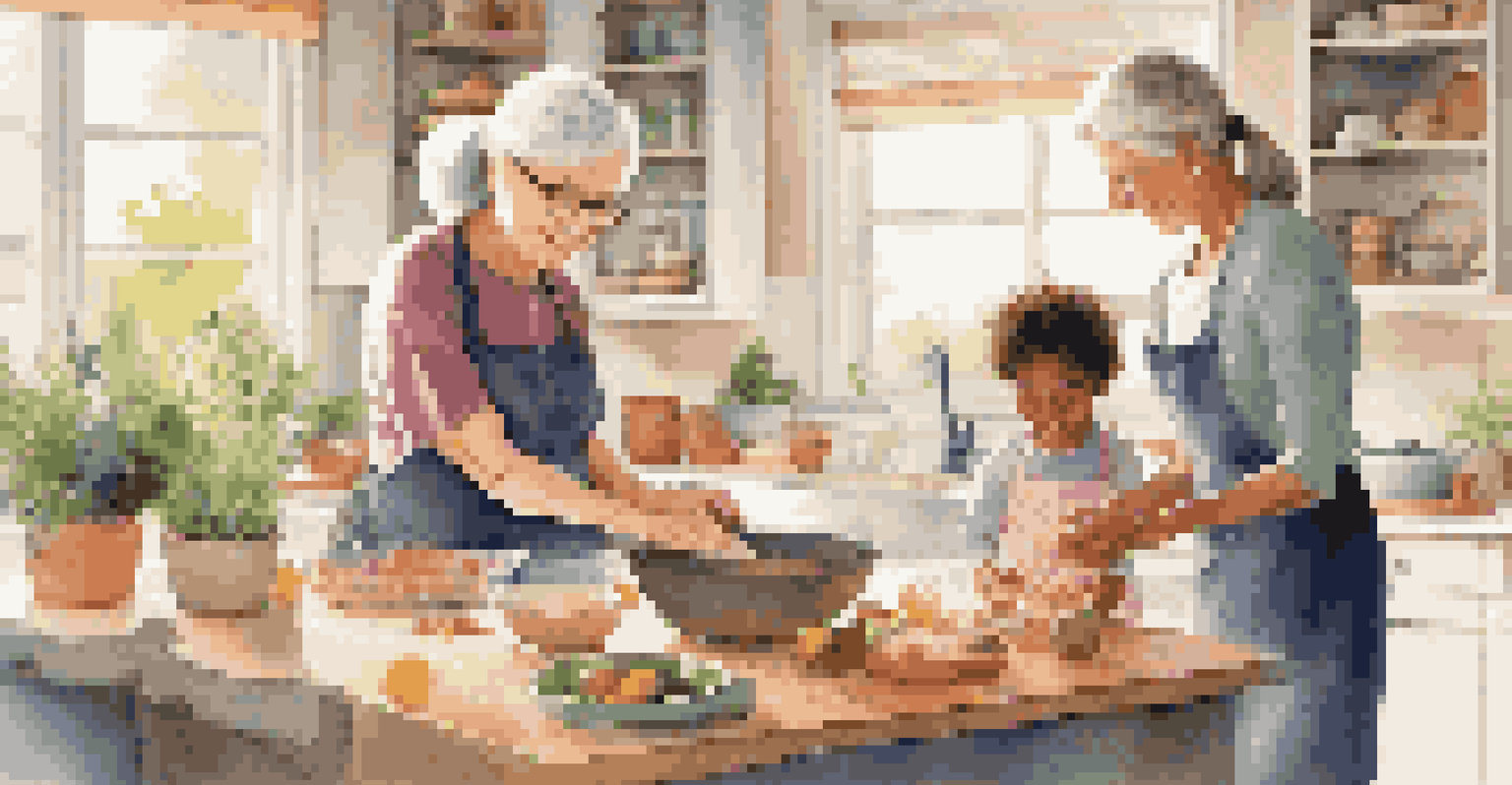 A multi-generational family cooking together in a bright and colorful kitchen, highlighting the bond between generations through cooking.
