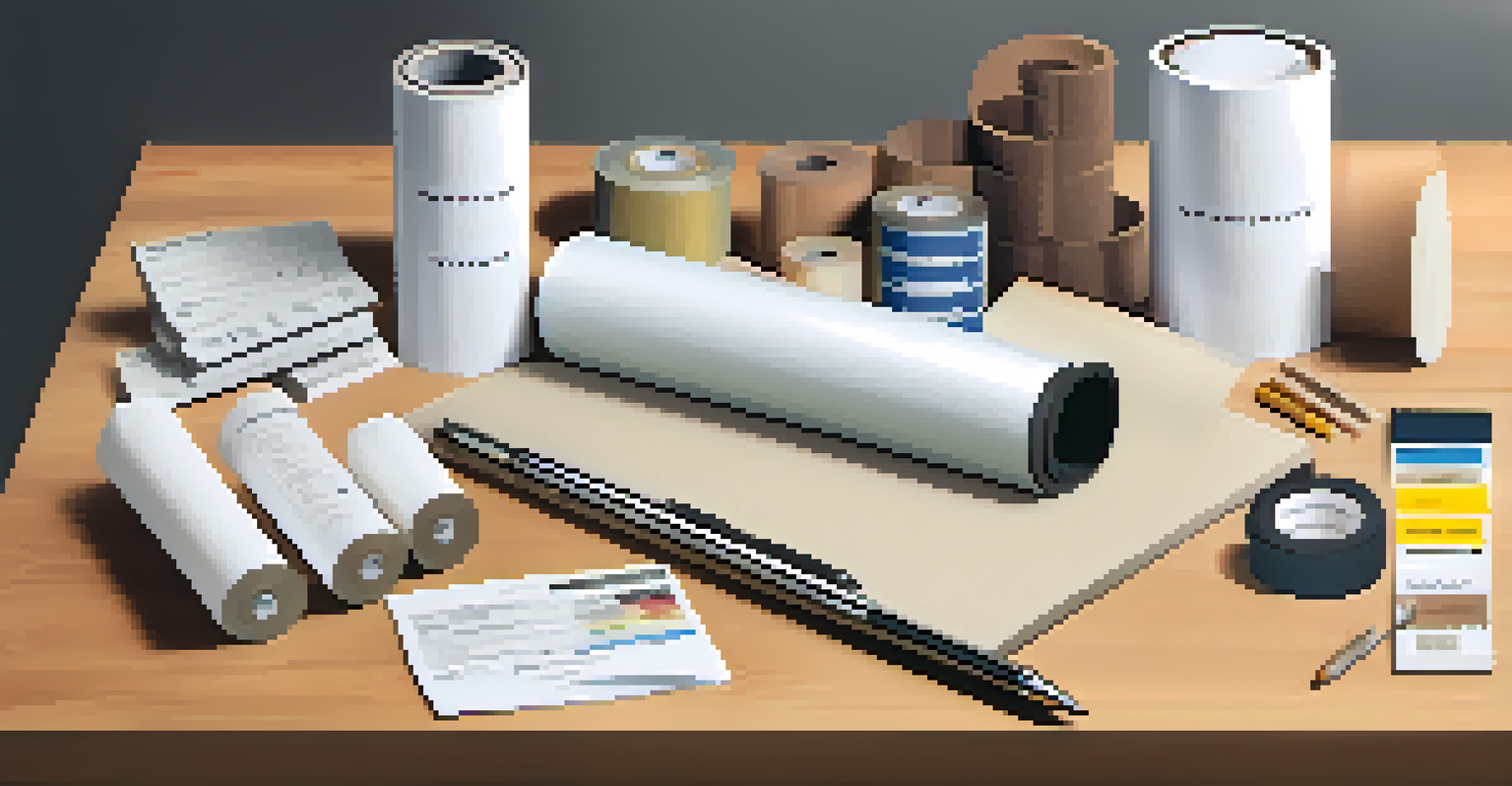 A table showcasing various construction materials like steel beams and insulation rolls with certification labels, alongside a notepad and pen.
