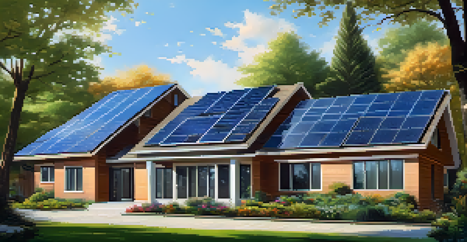 A modern home with solar panels and lush landscaping, showcasing energy-efficient features under a clear blue sky.