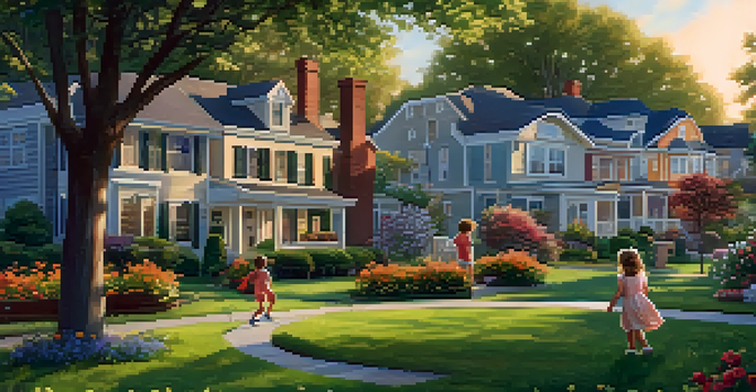 A vibrant suburban neighborhood filled with houses, children playing, and blooming gardens under a warm sunset.
