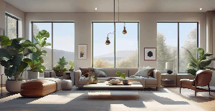 A contemporary living room filled with smart home devices, including a smart speaker and smart lighting, with a bright sunny window view.