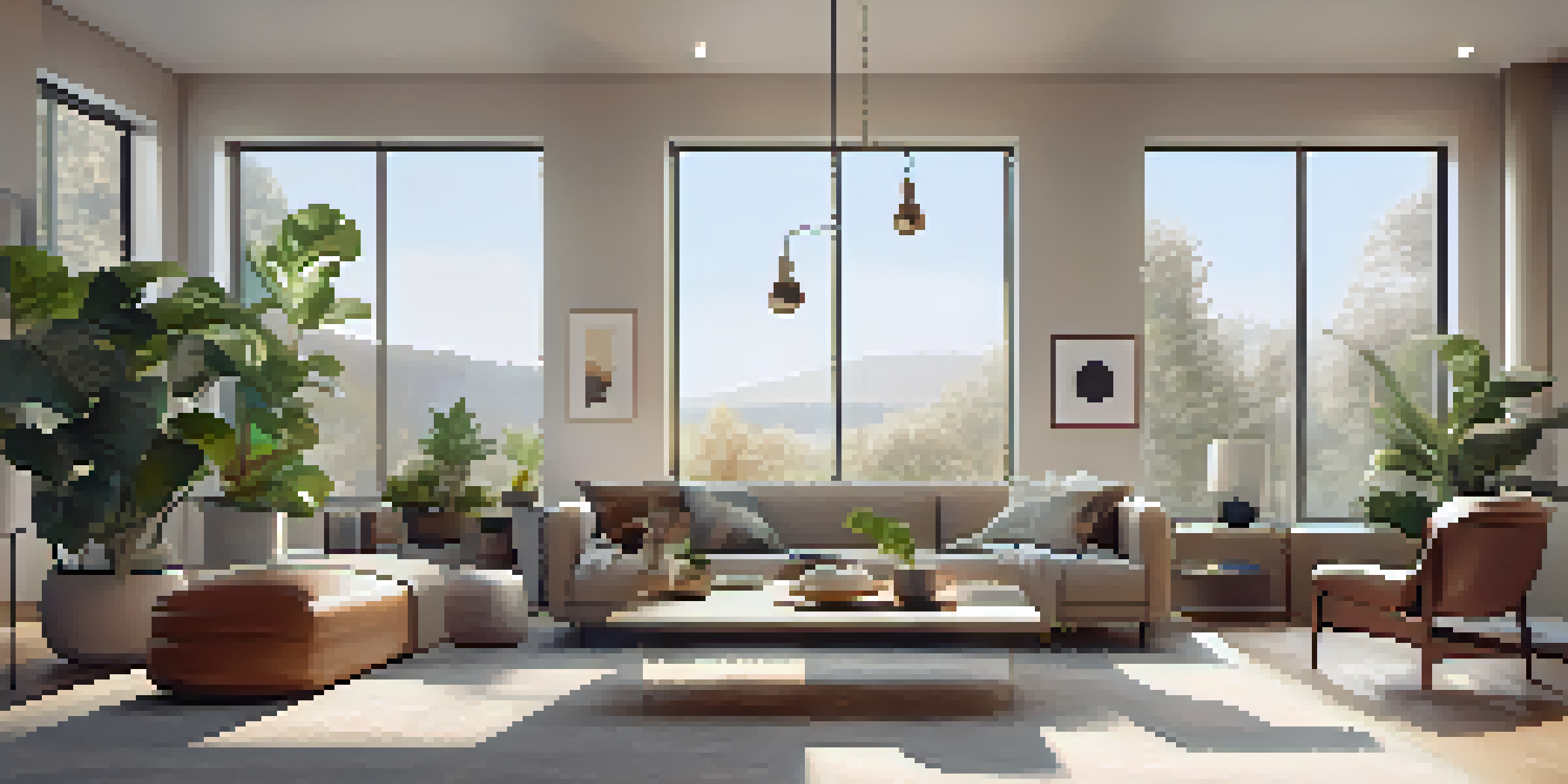A contemporary living room filled with smart home devices, including a smart speaker and smart lighting, with a bright sunny window view.