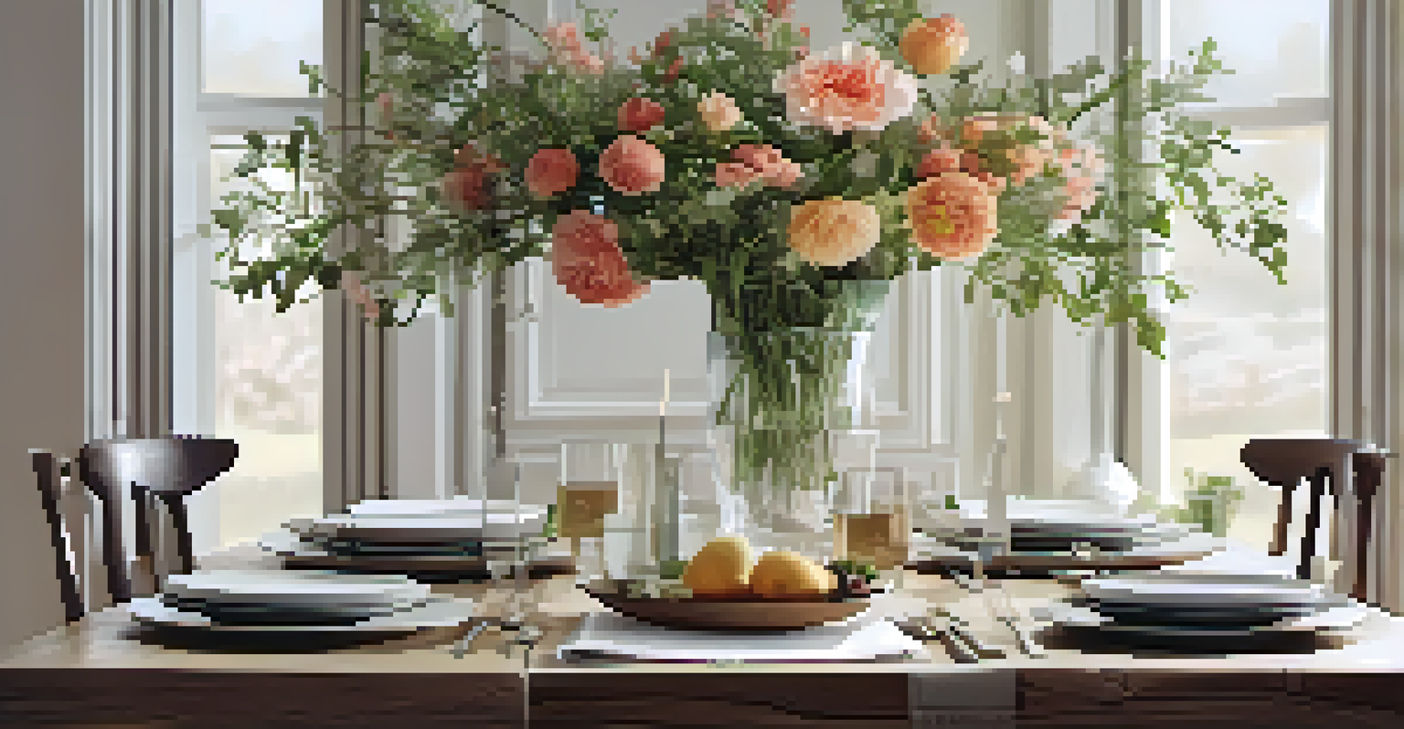 A rustic dining area with a wooden table set for a meal, fresh flowers, and natural light shining through large windows, highlighting architectural details.