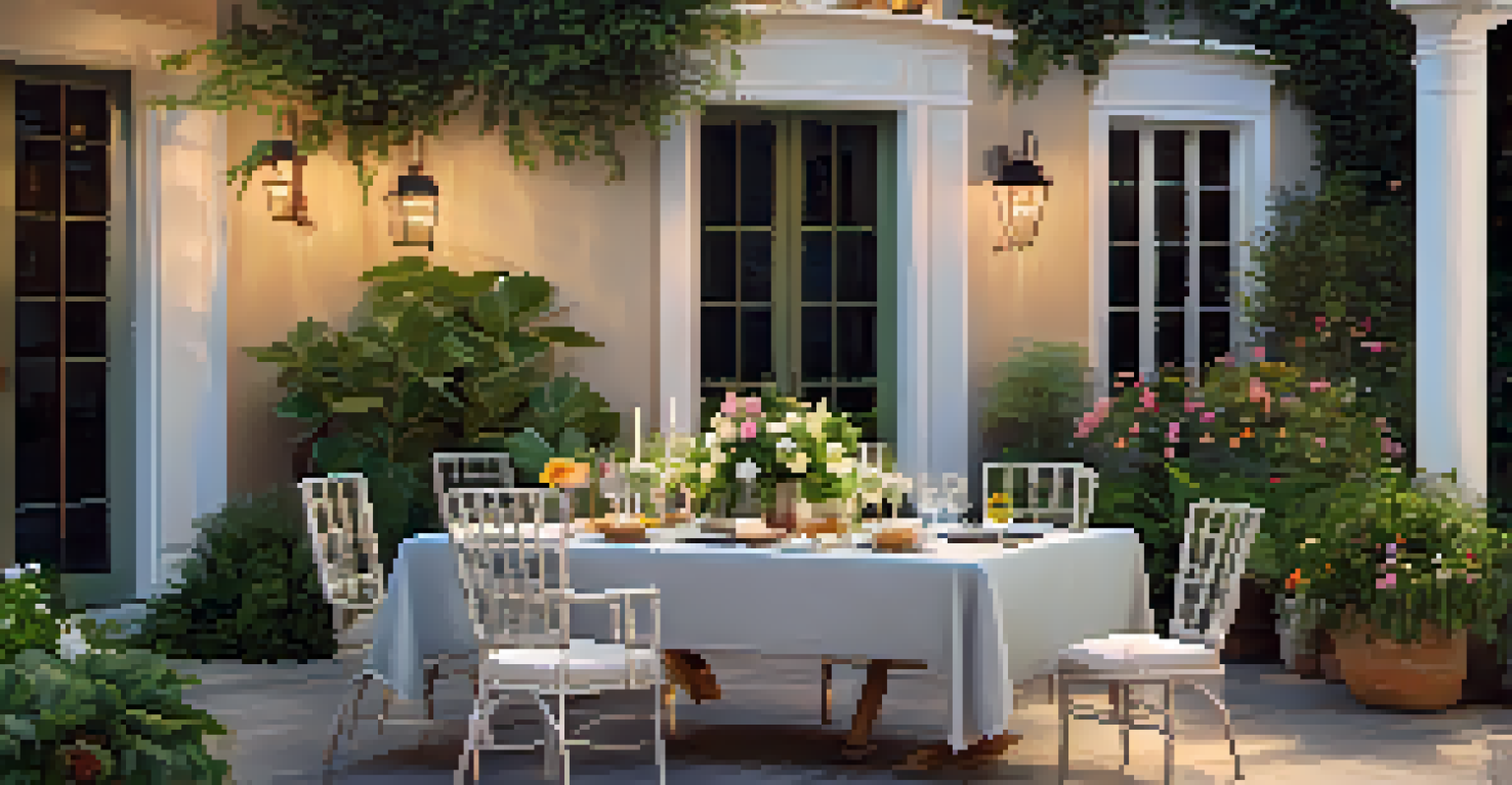 An outdoor patio with a dining table set amidst lush greenery and vibrant flowers, bathed in soft evening light.