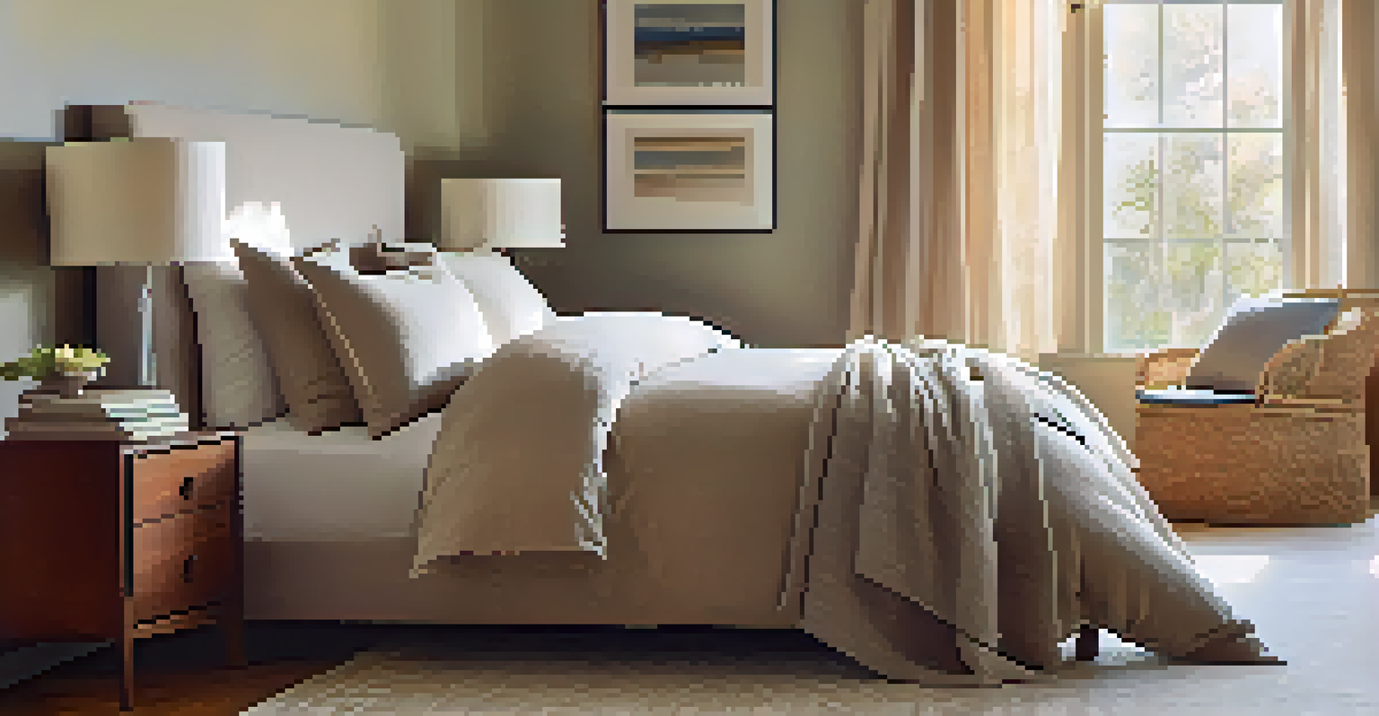 A serene bedroom with a linen duvet cover, cozy wool throw, and sunlight streaming through light curtains.
