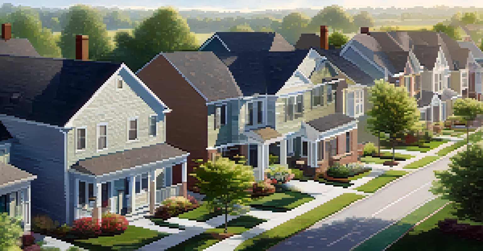 A suburban neighborhood under development featuring diverse housing styles and construction workers in soft morning light.