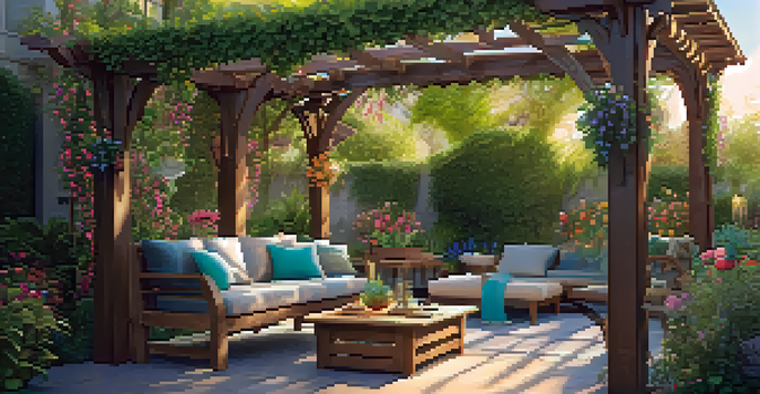 A wooden pergola surrounded by green plants and colorful flowers, with a cozy seating area underneath.