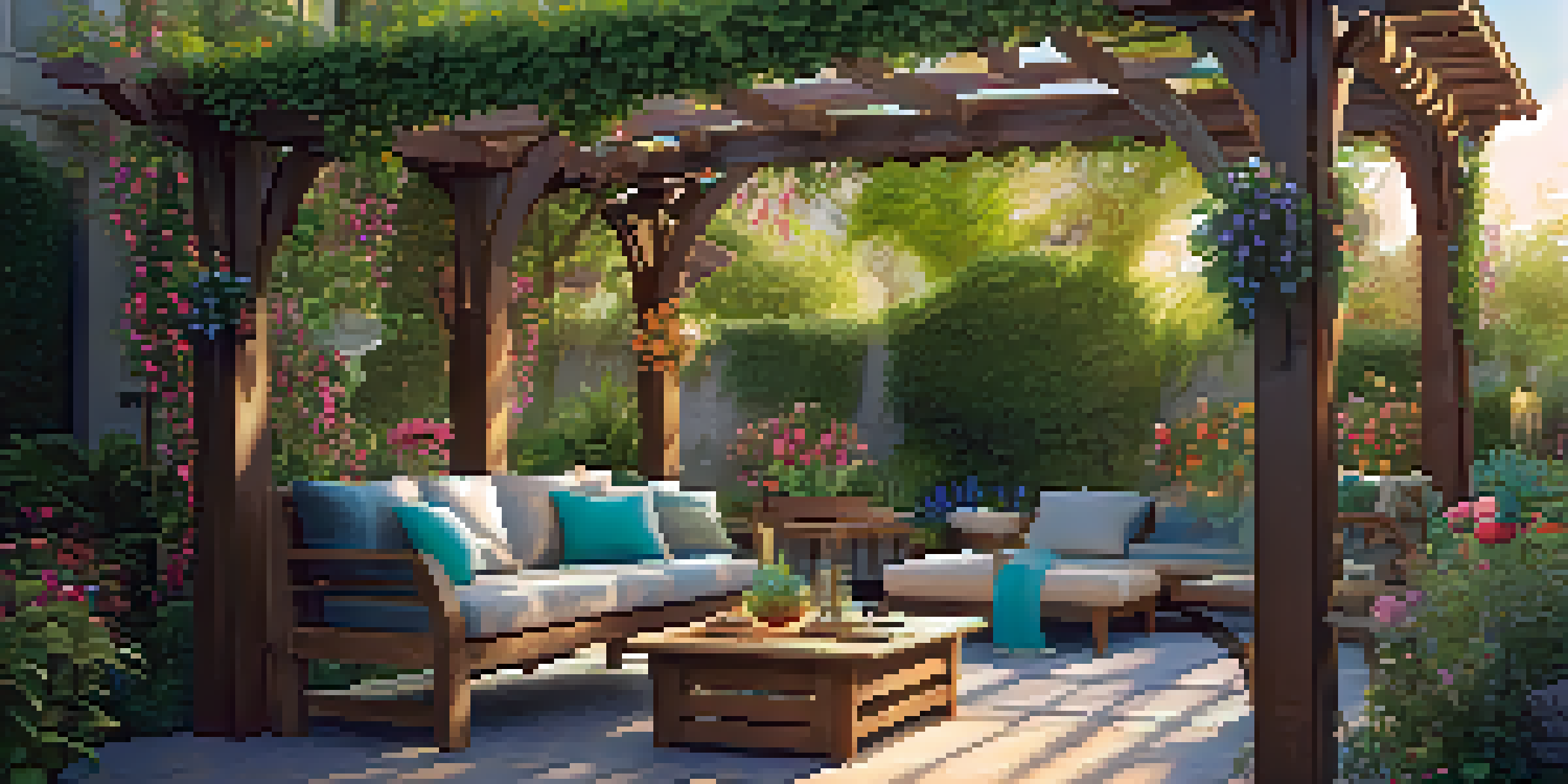 A wooden pergola surrounded by green plants and colorful flowers, with a cozy seating area underneath.