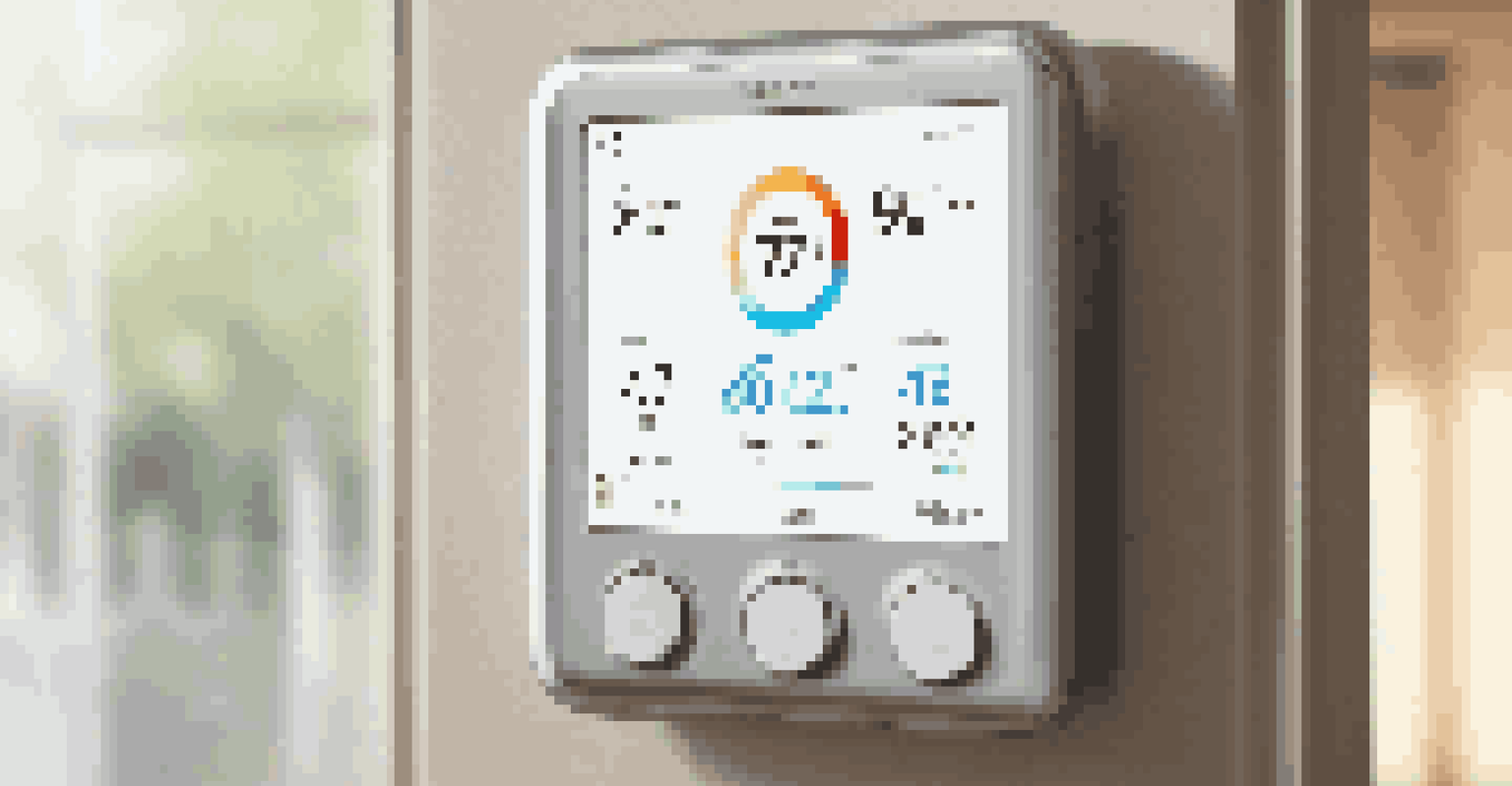 Close-up of a smart thermostat showing energy usage data in a stylish interior setting.