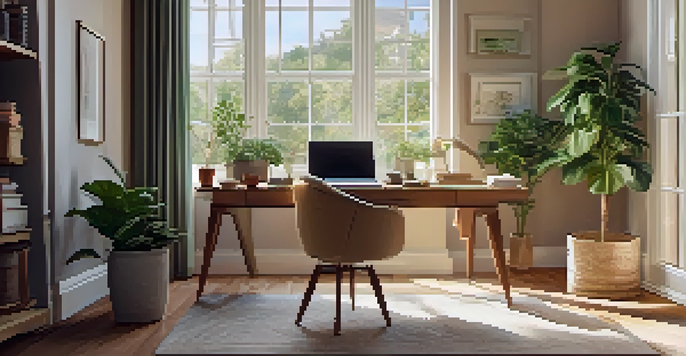 A cozy home office with a wooden desk, laptop, potted plant, and warm natural light from a window.