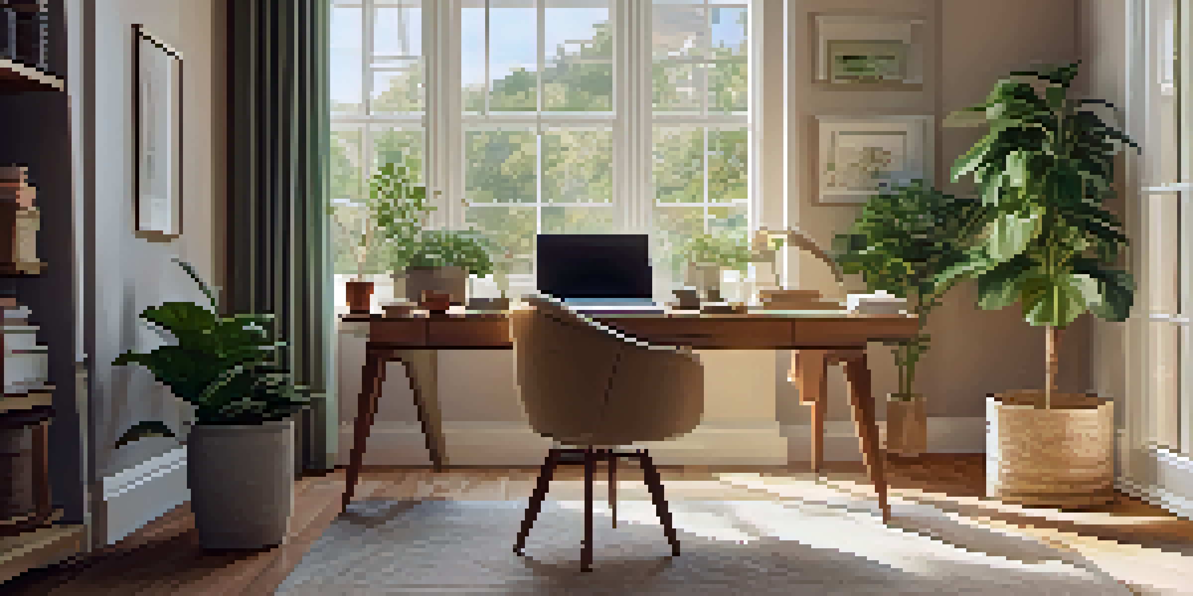 A cozy home office with a wooden desk, laptop, potted plant, and warm natural light from a window.