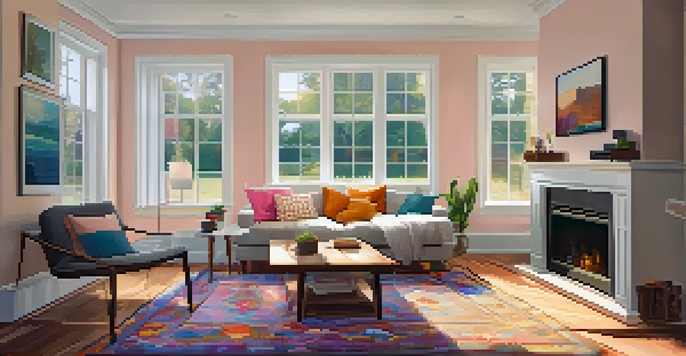 A cozy living room with a sofa, colorful pillows, and soft pastel walls, illuminated by natural light.