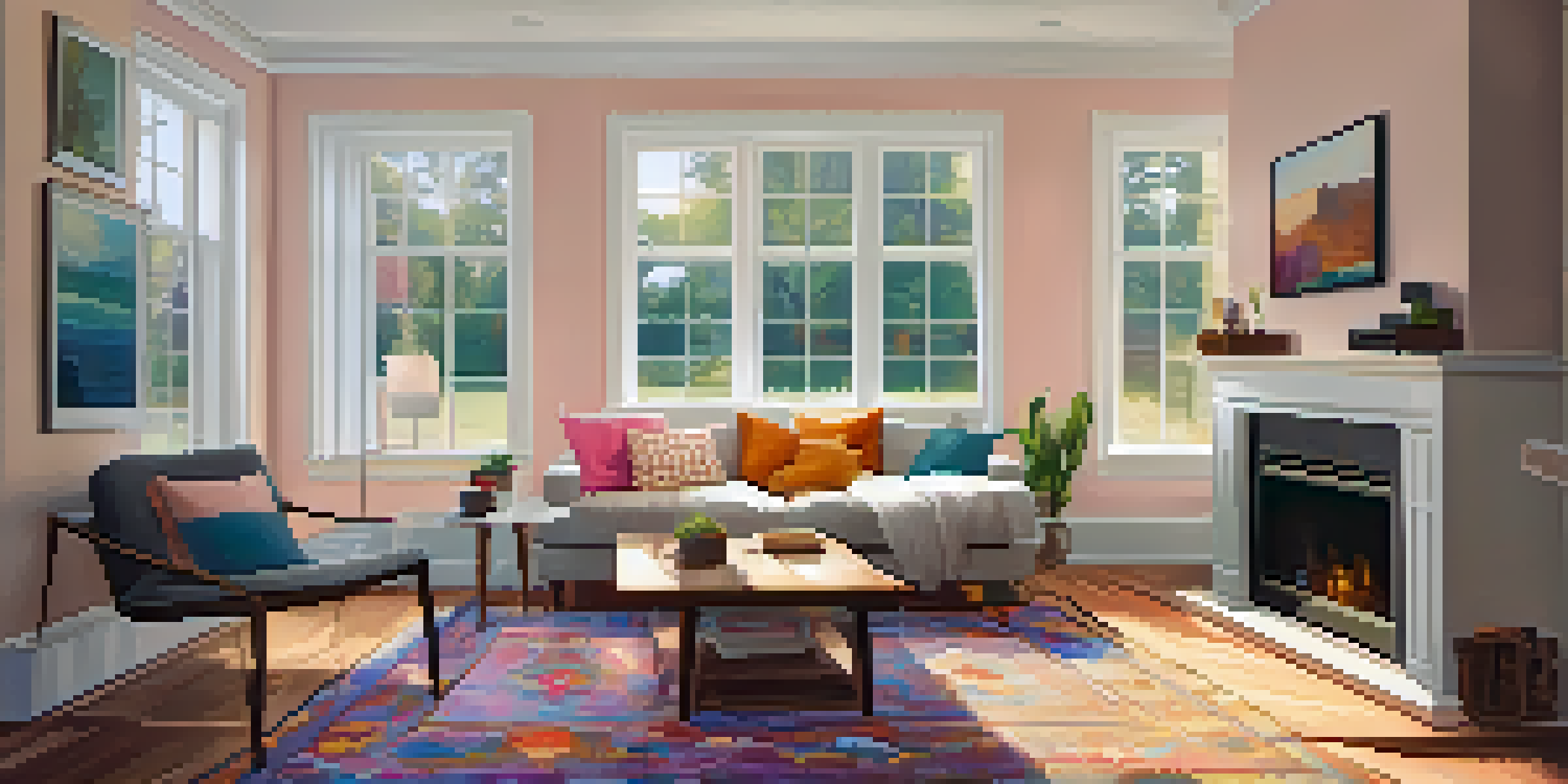 A cozy living room with a sofa, colorful pillows, and soft pastel walls, illuminated by natural light.