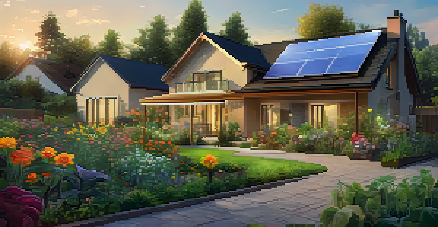 An eco-friendly house with solar panels on the roof, surrounded by a vibrant garden and a smart irrigation system, during sunset.