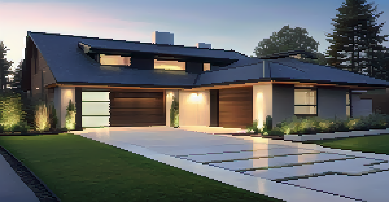 A modern asphalt driveway with brick borders and minimalistic landscaping under twilight.