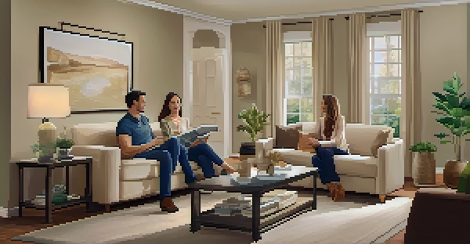 A real estate agent actively listening to a couple in a warm and inviting living room, showcasing empathy and engagement.