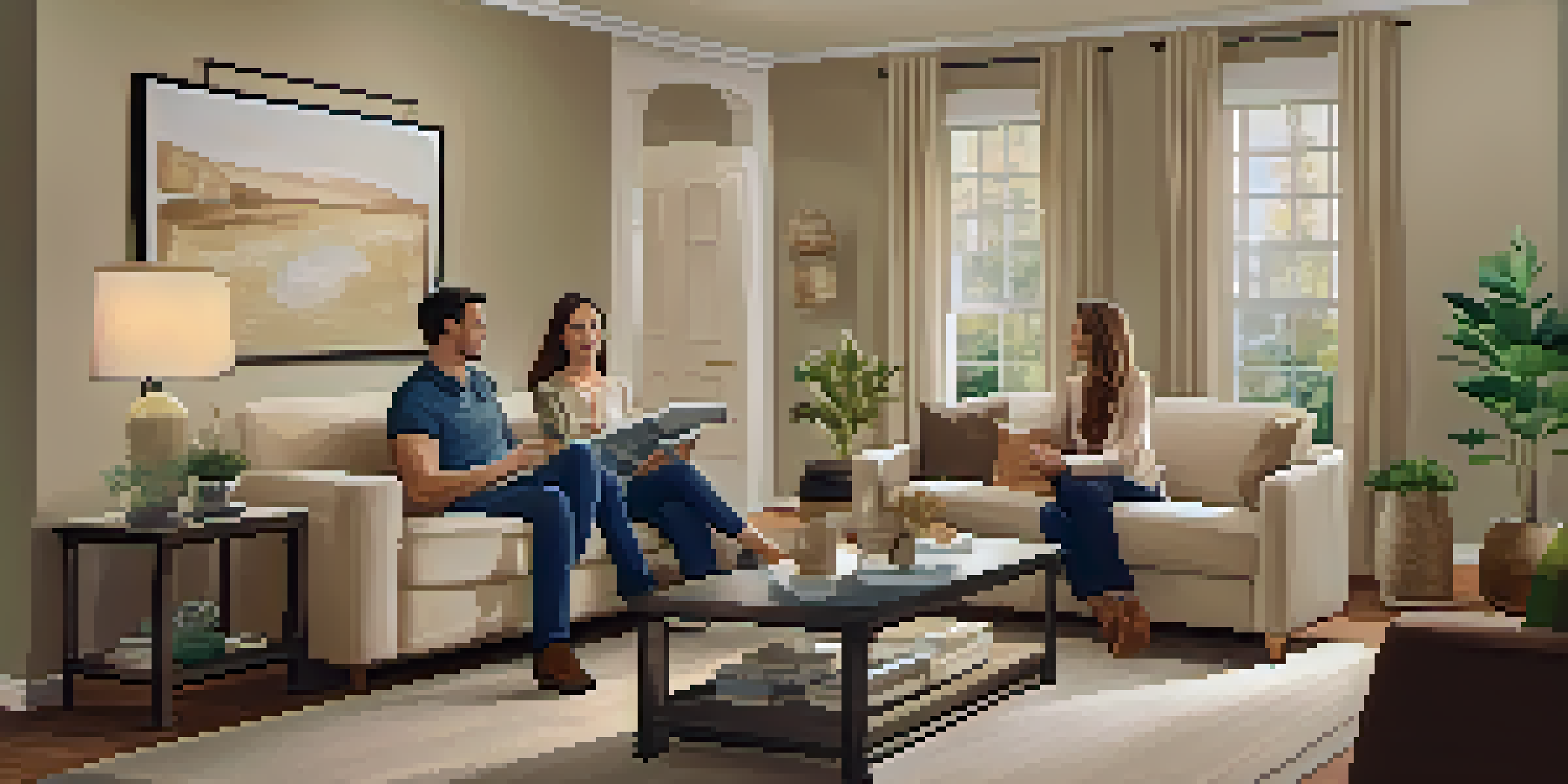 A real estate agent actively listening to a couple in a warm and inviting living room, showcasing empathy and engagement.