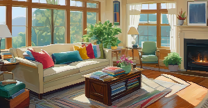 A bright and cozy living room with a comfortable sofa, colorful cushions, a coffee table with a cup of coffee, and potted plants.