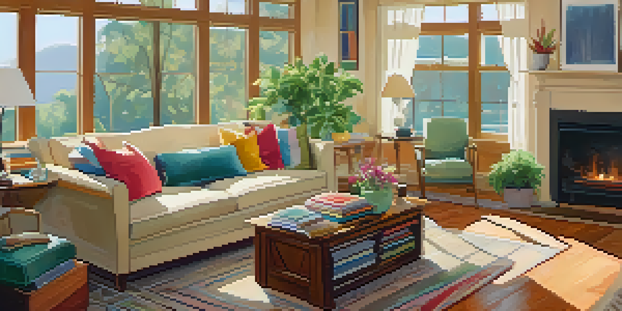 A bright and cozy living room with a comfortable sofa, colorful cushions, a coffee table with a cup of coffee, and potted plants.