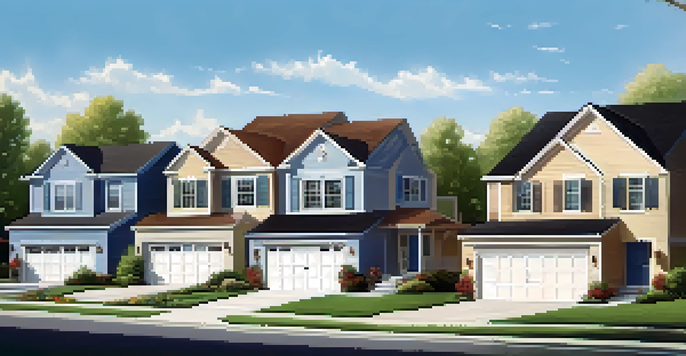 A peaceful suburban neighborhood featuring diverse homes and green lawns, with families enjoying their outdoor activities.