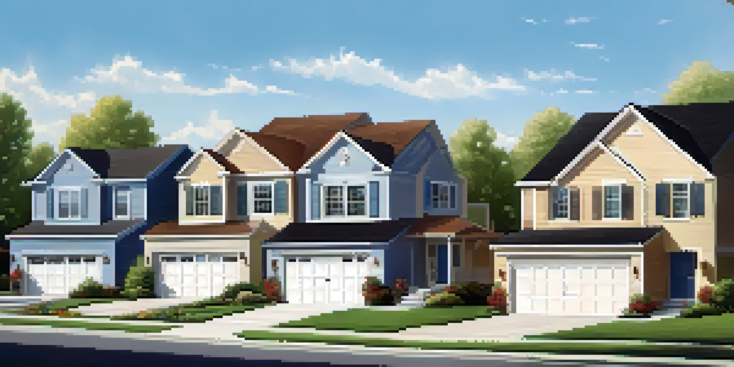 A peaceful suburban neighborhood featuring diverse homes and green lawns, with families enjoying their outdoor activities.