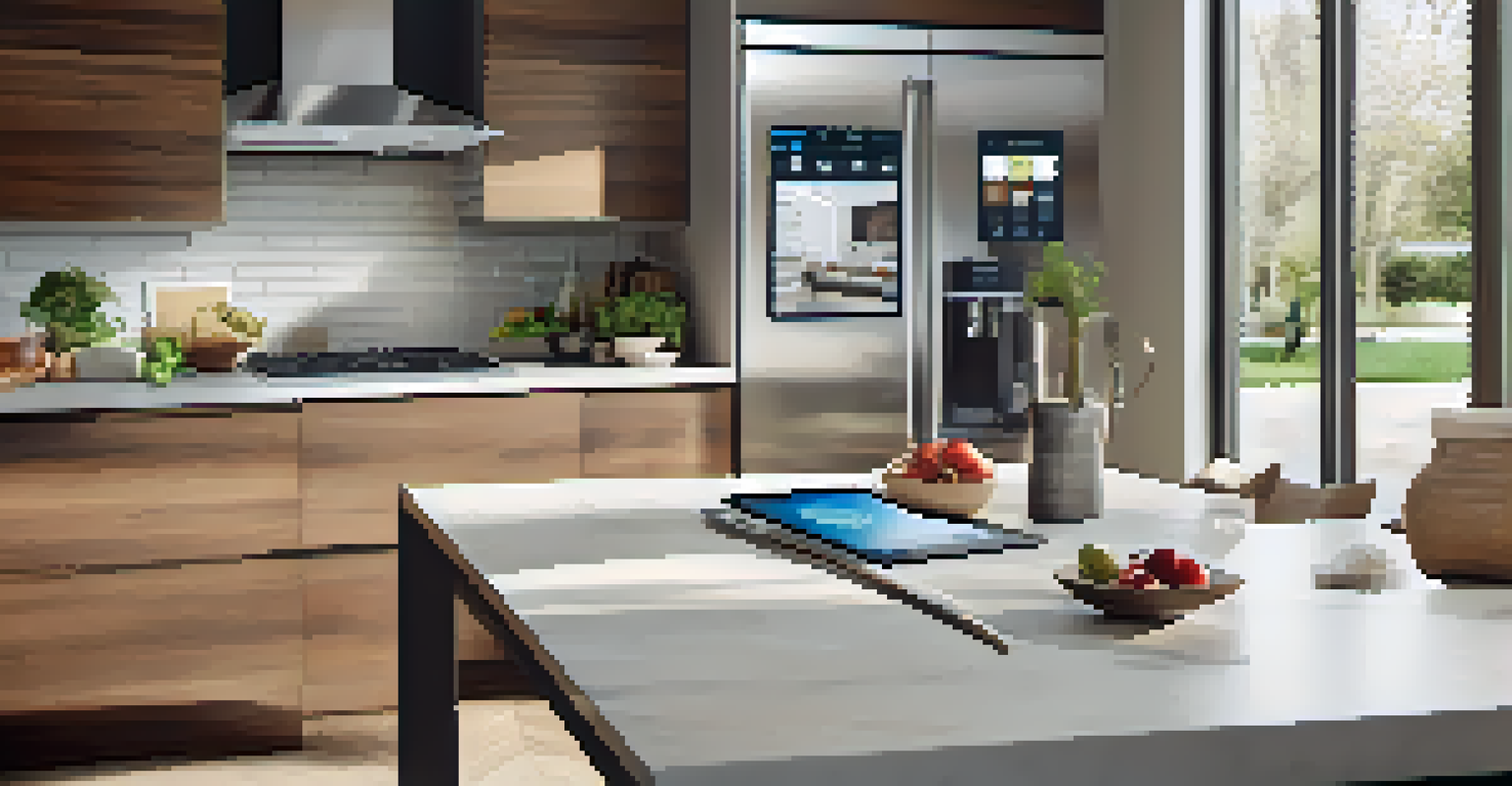 A modern kitchen with a tablet displaying home security settings, bright light coming through windows, and a stylish layout.