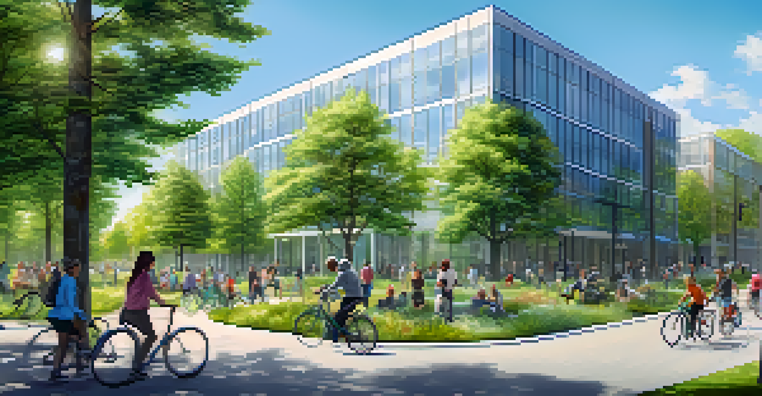 A modern office building with smart technology, surrounded by green spaces and people using bicycles, representing climate resilience.