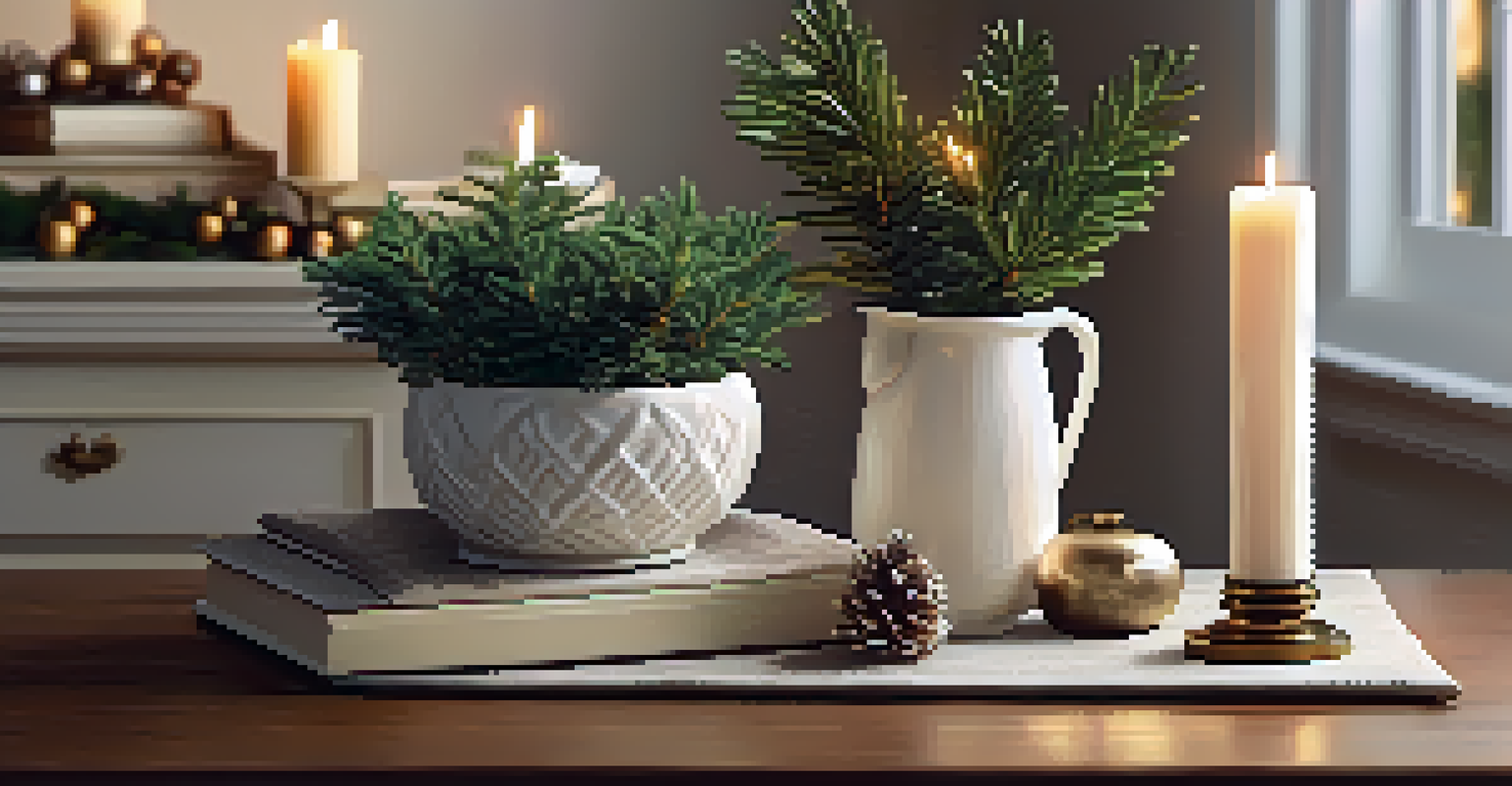 A holiday coffee table vignette with an evergreen plant, a candle, and decorative ornaments.