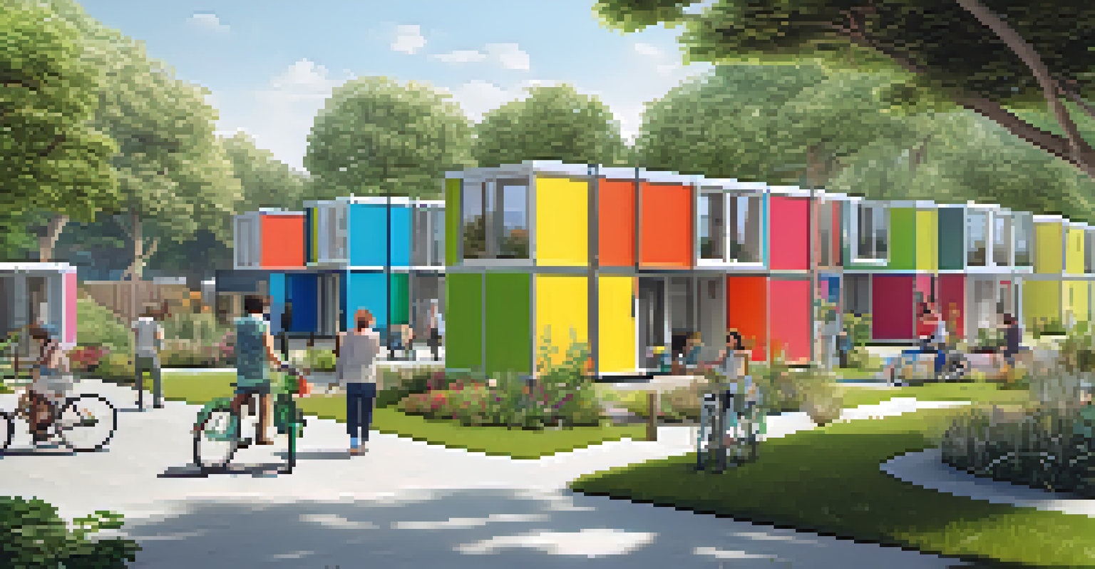 A colorful modular housing project in a green urban environment, featuring people in communal areas and lush gardens.