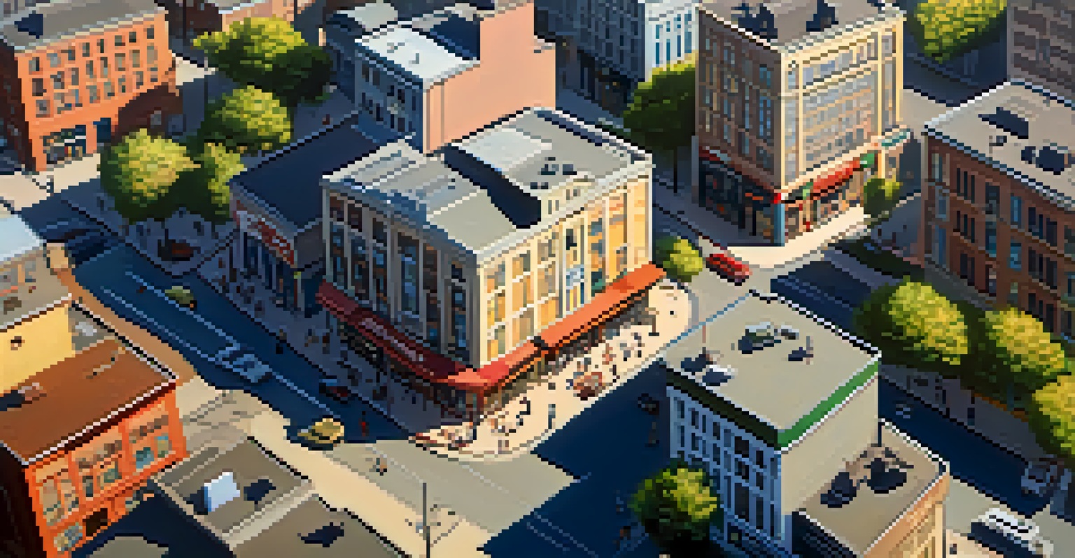 An aerial view of a bustling urban area with commercial buildings and people walking, highlighting real estate investment potential.