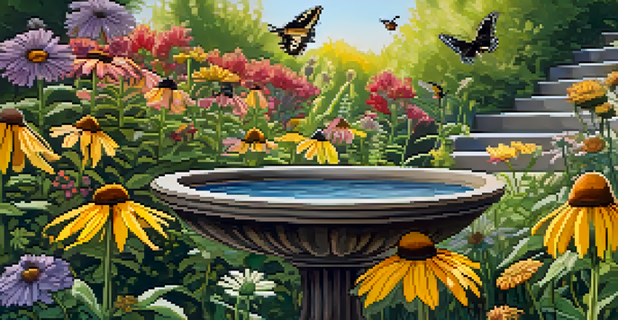 A colorful garden with various flowers, busy bees, and butterflies under bright sunlight, featuring a small birdbath.