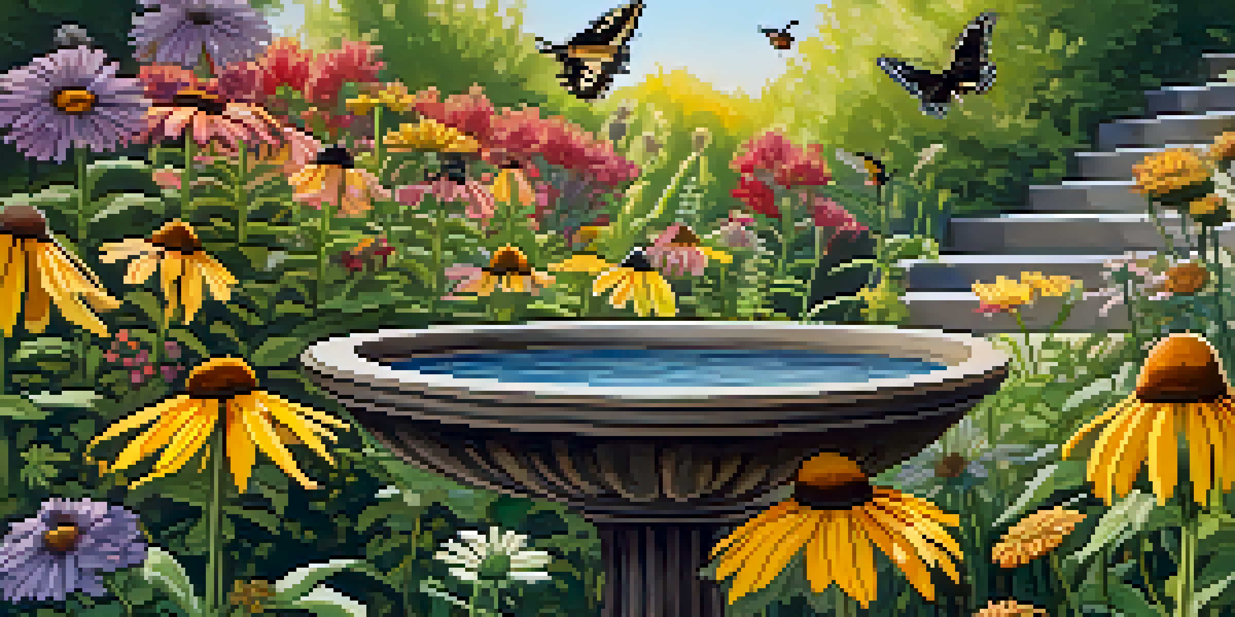 A colorful garden with various flowers, busy bees, and butterflies under bright sunlight, featuring a small birdbath.