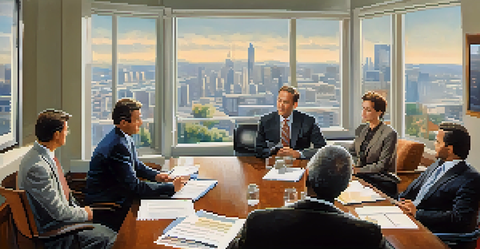 A title insurance provider discussing policy details with clients in a well-lit office with a cityscape view.