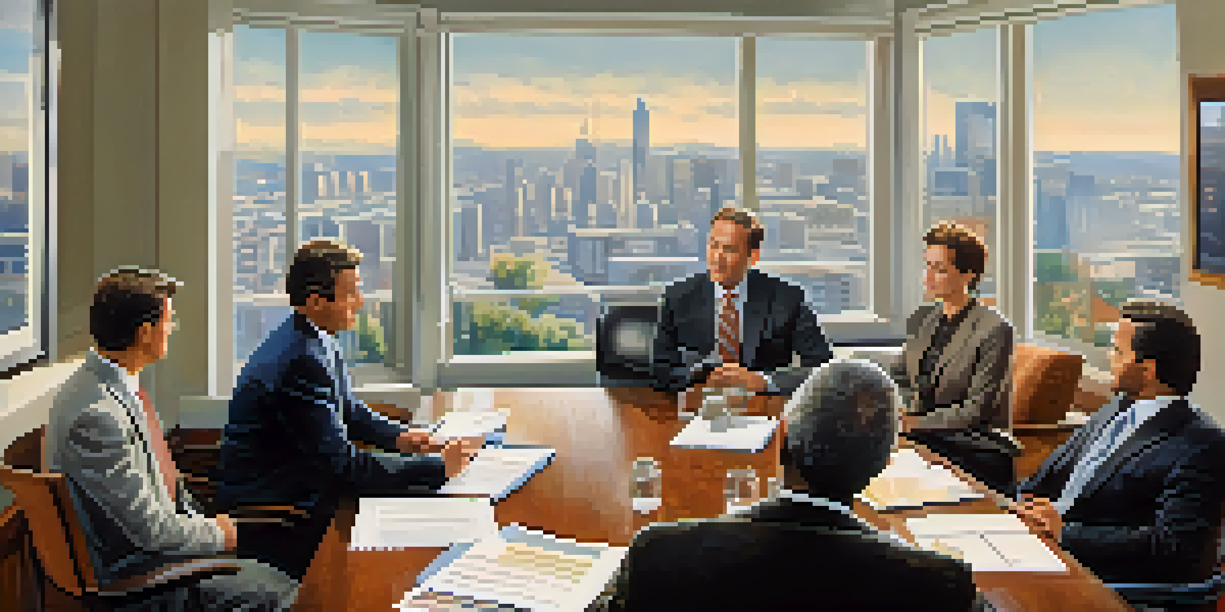 A title insurance provider discussing policy details with clients in a well-lit office with a cityscape view.