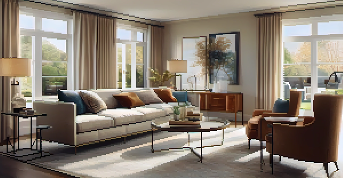 A warm and inviting living room with modern furniture, large windows, and soft natural light creating a cozy atmosphere.