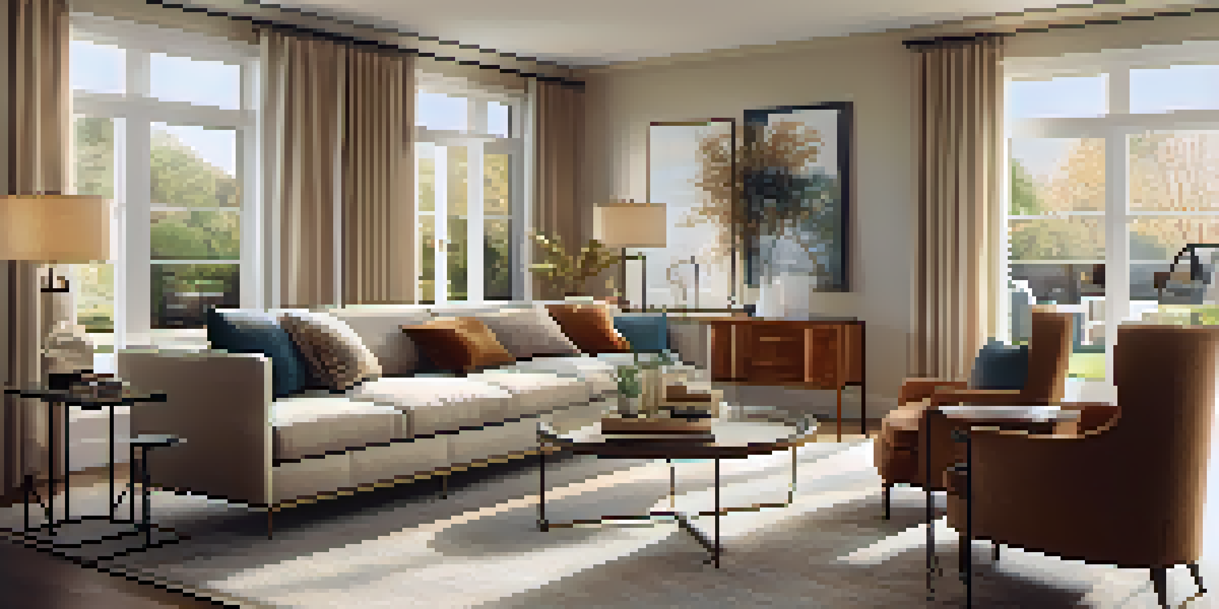A warm and inviting living room with modern furniture, large windows, and soft natural light creating a cozy atmosphere.
