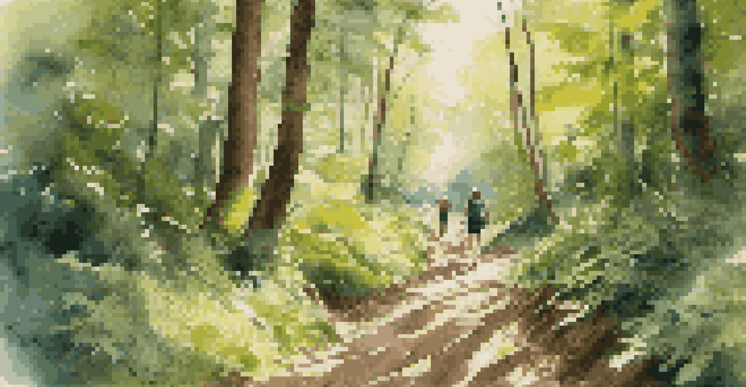A picturesque hiking trail in a forest with sunlight filtering through trees, featuring hikers of different ages enjoying the outdoors.