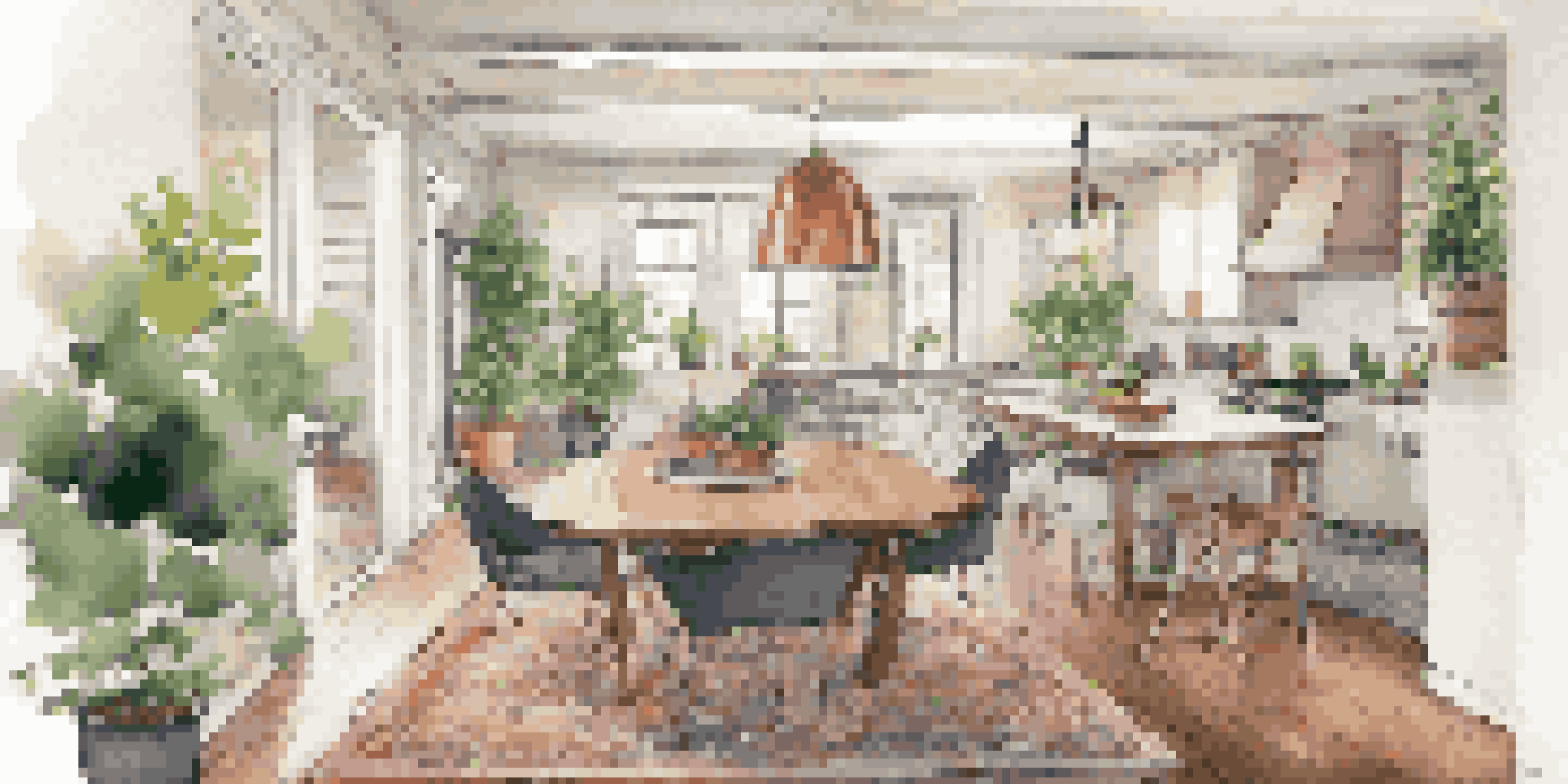 A spacious open floor plan showcasing a cozy living room and dining area, with distinct zones defined by a plush rug and warm lighting.