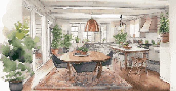 A spacious open floor plan showcasing a cozy living room and dining area, with distinct zones defined by a plush rug and warm lighting.