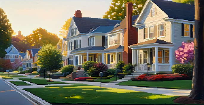 A peaceful suburban neighborhood with various homes, gardens, and trees, illuminated by warm sunlight during golden hour.