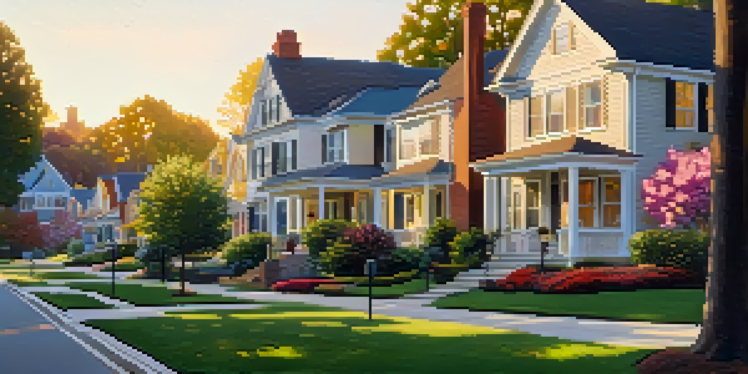 A peaceful suburban neighborhood with various homes, gardens, and trees, illuminated by warm sunlight during golden hour.