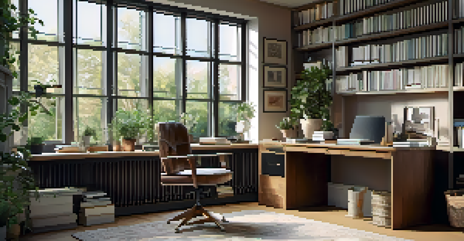 A stylish home office with a desk, chair, and shelves, illuminated by natural light from a large window overlooking a garden.