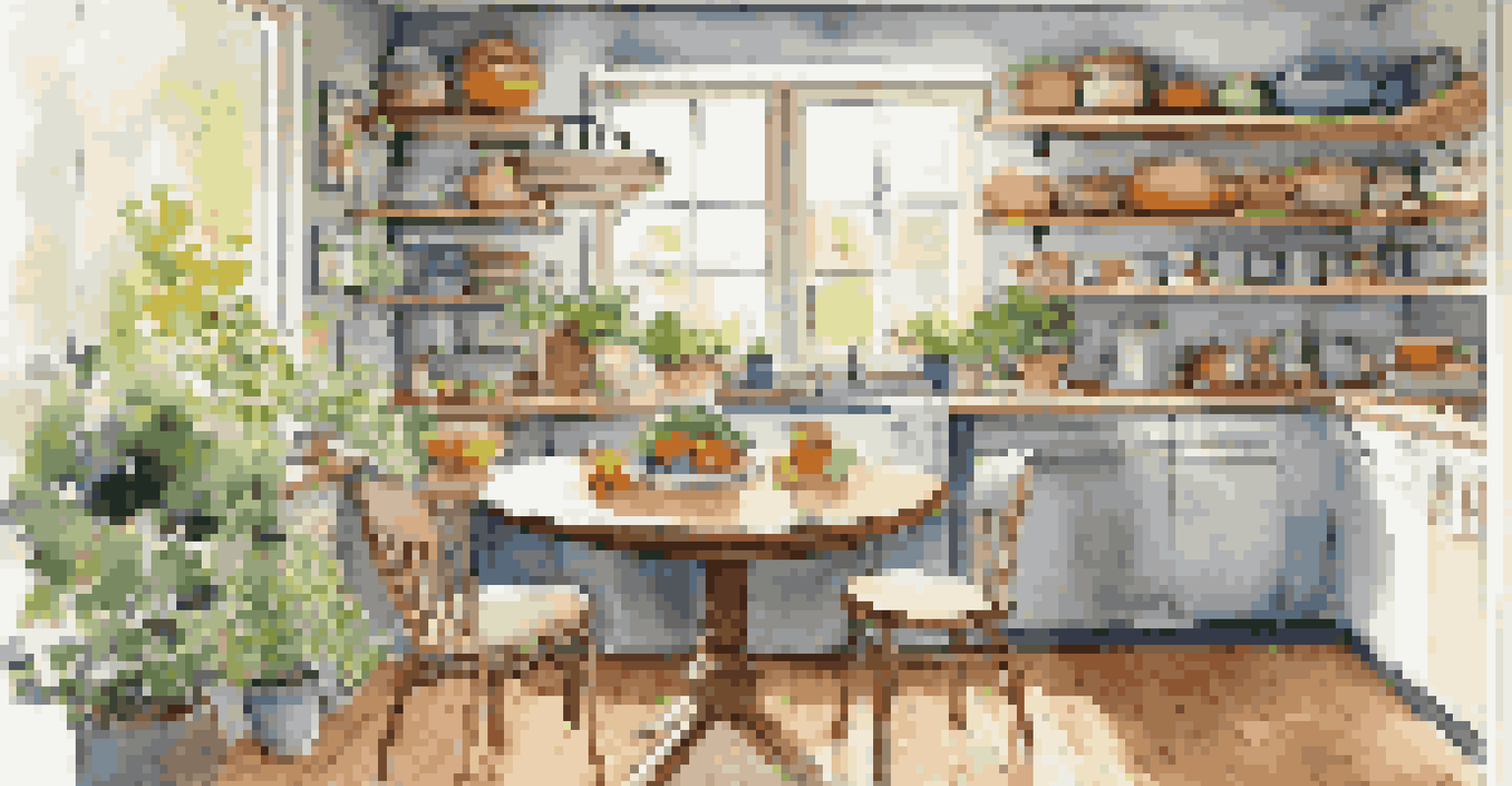A small kitchen with vertical shelves filled with dishes and herbs, with a compact dining table and natural sunlight filtering in.