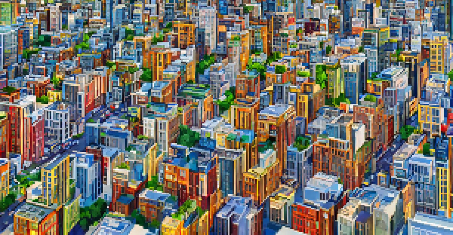 An aerial view of a vibrant cityscape with a mix of residential and commercial buildings.