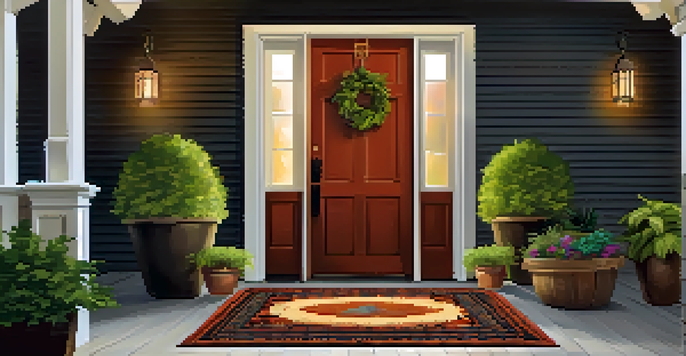 A colorful welcome mat in front of a wooden door, surrounded by plants and a lantern, creating a cozy entryway.